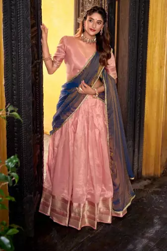 pink silk blend printed lehenga set