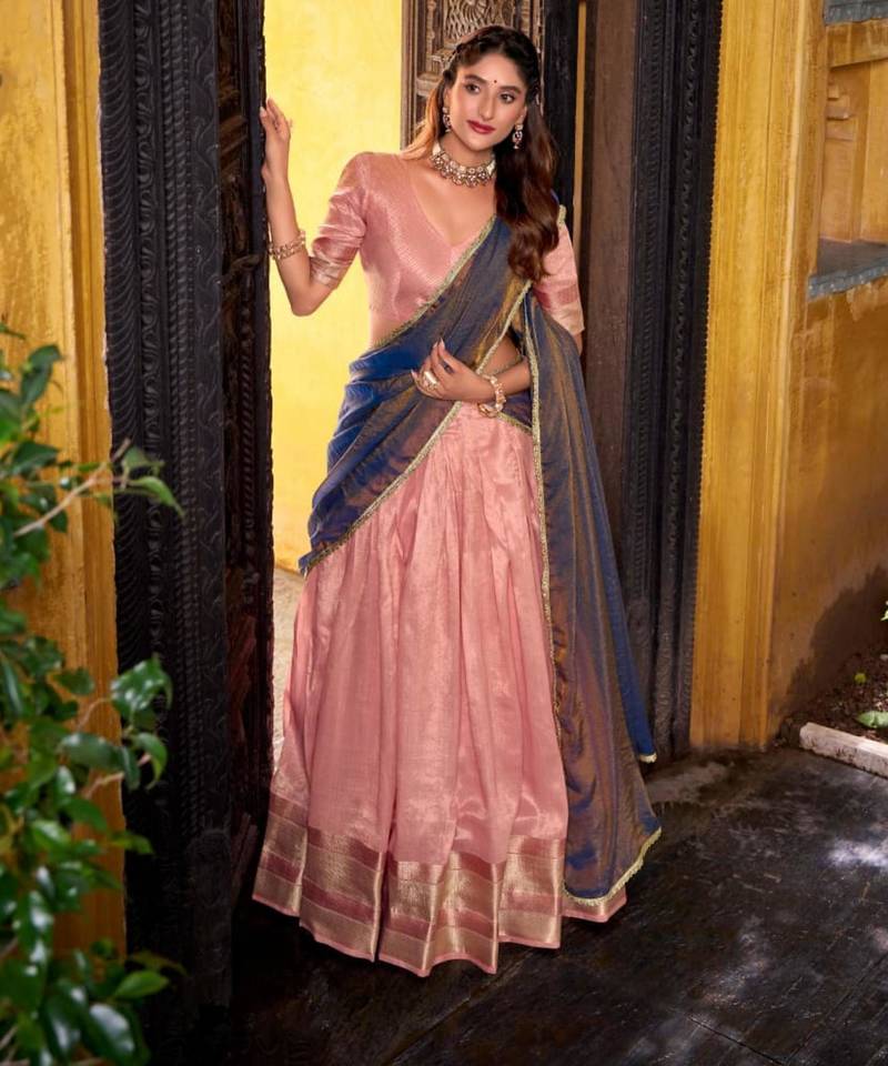 pink silk blend printed lehenga set