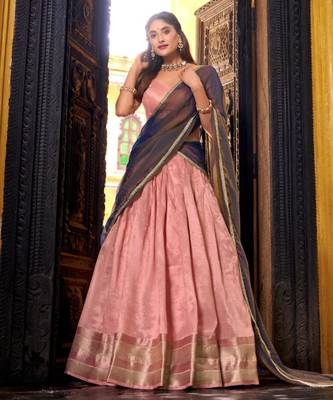 pink silk blend lehenga set with zari border work
 2