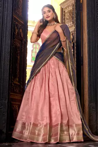 pink silk blend lehenga set with zari border work