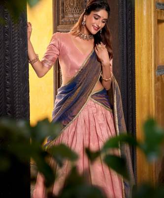 pink silk blend lehenga set with zari border work
 3
