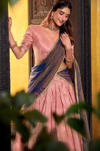 pink silk blend lehenga set with zari border work