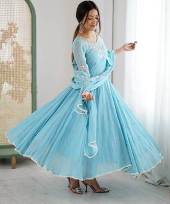 sky blue silk blend gown set with embroidered neck 3