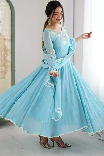 sky blue silk blend gown set with embroidered neck
