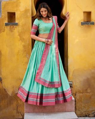 sky blue chanderi lehenga set with pink border print
 1