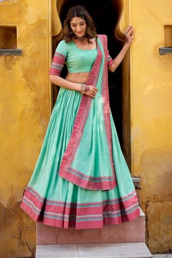 sky blue chanderi printed lehenga set
