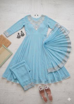 sky blue silk blend gown set with embroidered neck 4