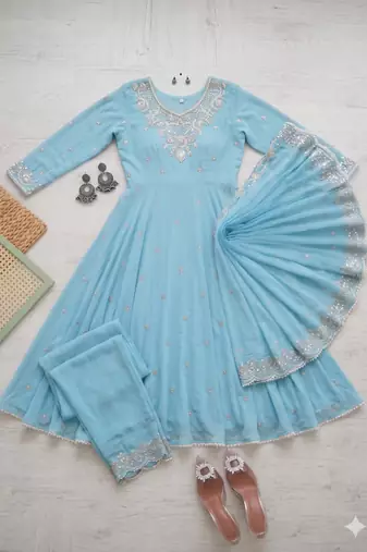 sky blue silk blend gown set with embroidered neck