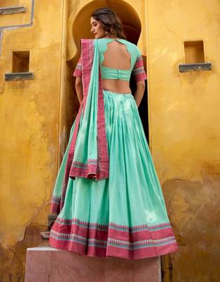 sky blue chanderi lehenga set with pink border print
 2
