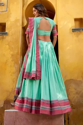 sky blue chanderi lehenga set with pink border print