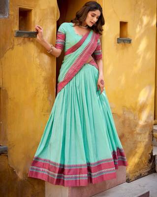 sky blue chanderi lehenga set with pink border print
 3