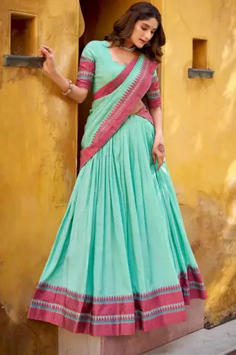 sky blue chanderi lehenga set with pink border print