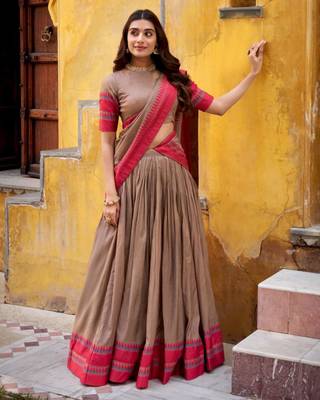 brown chanderi lehenga set with printed hem design
 1