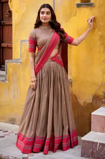 brown chanderi printed lehenga set