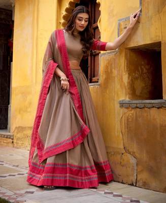 brown chanderi lehenga set with printed hem design
 2