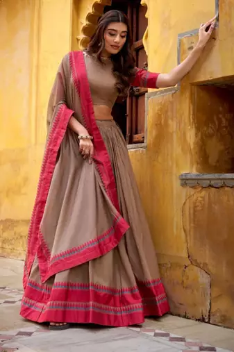 brown chanderi lehenga set with printed hem design