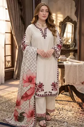 cream satin embroidered kurta set