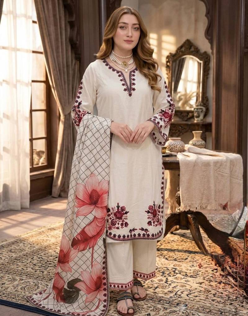cream satin embroidered kurta set