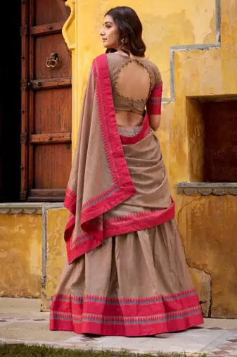 brown chanderi lehenga set with printed hem design