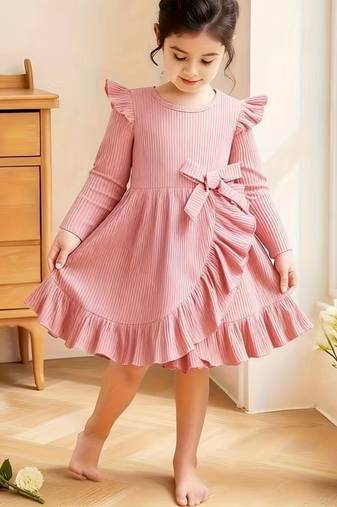 Peach ribbed pleated bow detail knit fit & flare girls dress