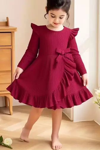 Maroon ribbed pleated bow detail knit fit & flare girls dress