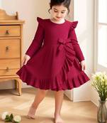 Maroon ribbed pleated bow detail knit fit & flare girls dress