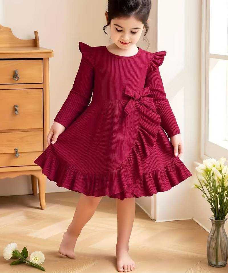 Maroon ribbed pleated bow detail knit fit & flare girls dress