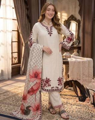 cream satin kurta set with floral embroidery 2