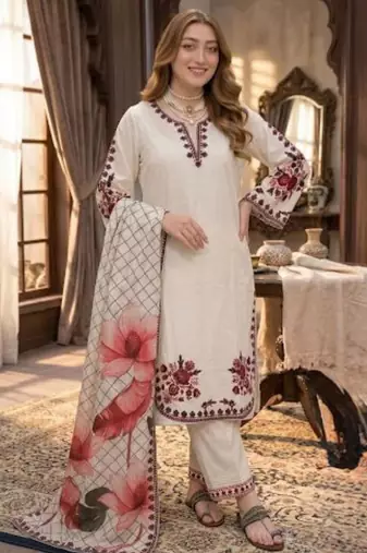 cream satin kurta set with floral embroidery