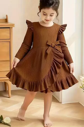 Brown ribbed pleated bow detail knit fit & flare girls dress