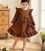 Brown ribbed pleated bow detail knit fit & flare girls dress