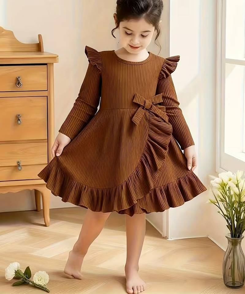 Brown ribbed pleated bow detail knit fit & flare girls dress