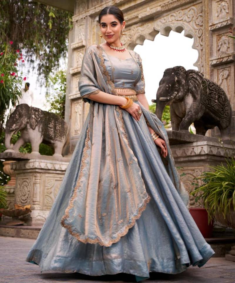 grey silk blend embroidered lehenga set