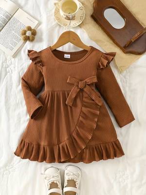 Brown ribbed pleated bow detail knit fit & flare girls dress 2