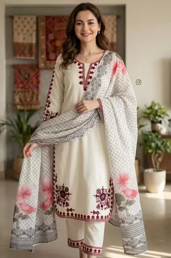 cream satin kurta set with floral embroidery