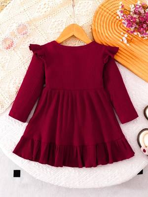 Maroon ribbed pleated bow detail knit fit & flare girls dress 3