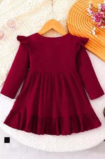 Maroon ribbed pleated bow detail knit fit & flare girls dress