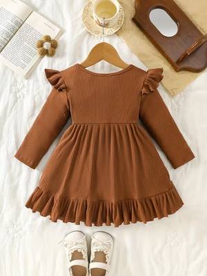 Brown ribbed pleated bow detail knit fit & flare girls dress 3