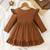 Brown ribbed pleated bow detail knit fit & flare girls dress