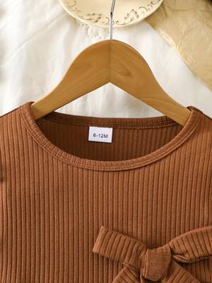 Brown ribbed pleated bow detail knit fit & flare girls dress 4