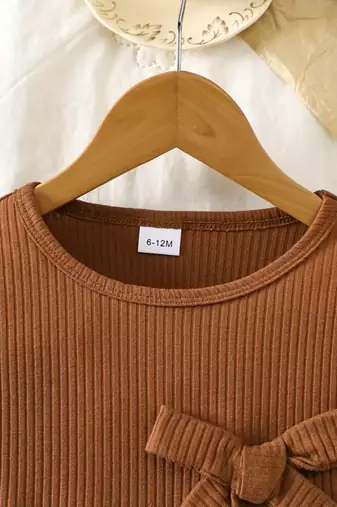 Brown ribbed pleated bow detail knit fit & flare girls dress