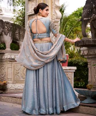 grey silk blend lehenga set with gold embroidery work
 2