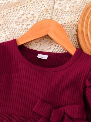 Maroon ribbed pleated bow detail knit fit & flare girls dress 4
