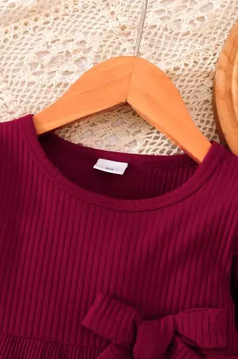Maroon ribbed pleated bow detail knit fit & flare girls dress