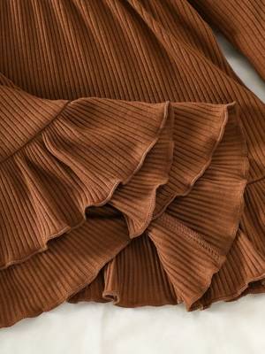Brown ribbed pleated bow detail knit fit & flare girls dress 5