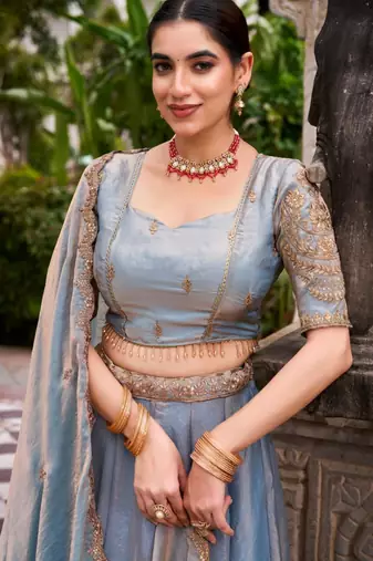 grey silk blend lehenga set with gold embroidery work