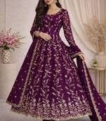 purple silk blend embroidered gown set