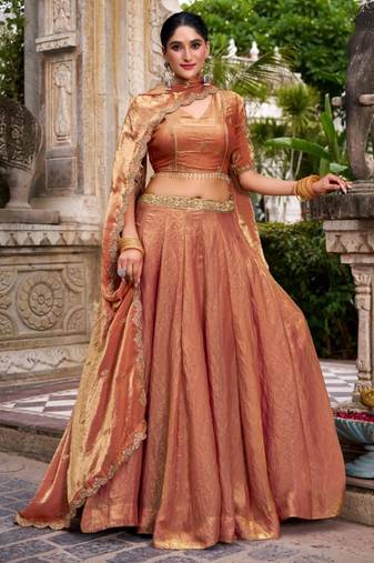 orange silk blend embroidered lehenga set