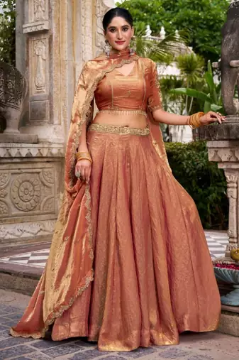 orange silk blend embroidered lehenga set