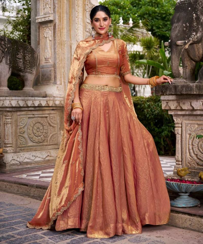 orange silk blend embroidered lehenga set